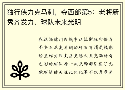 独行侠力克马刺，夺西部第5：老将新秀齐发力，球队未来光明