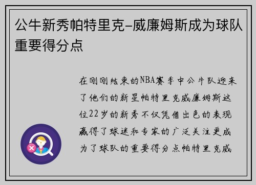 公牛新秀帕特里克-威廉姆斯成为球队重要得分点